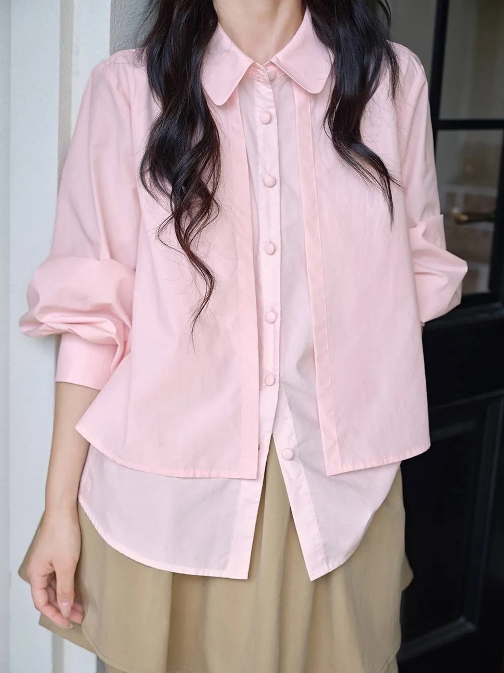 Pale Pink Button-Down Shirt with Rounded Collar